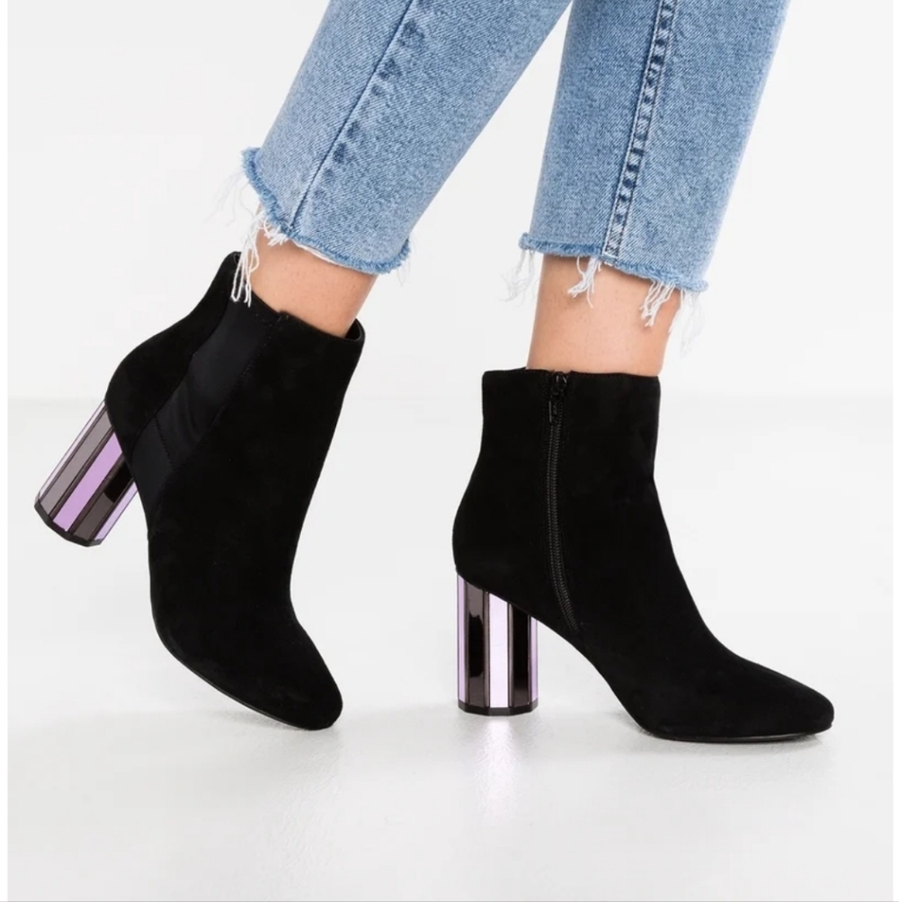 ALDO Black Suede Ankle Boots with Mirrored Block Heel